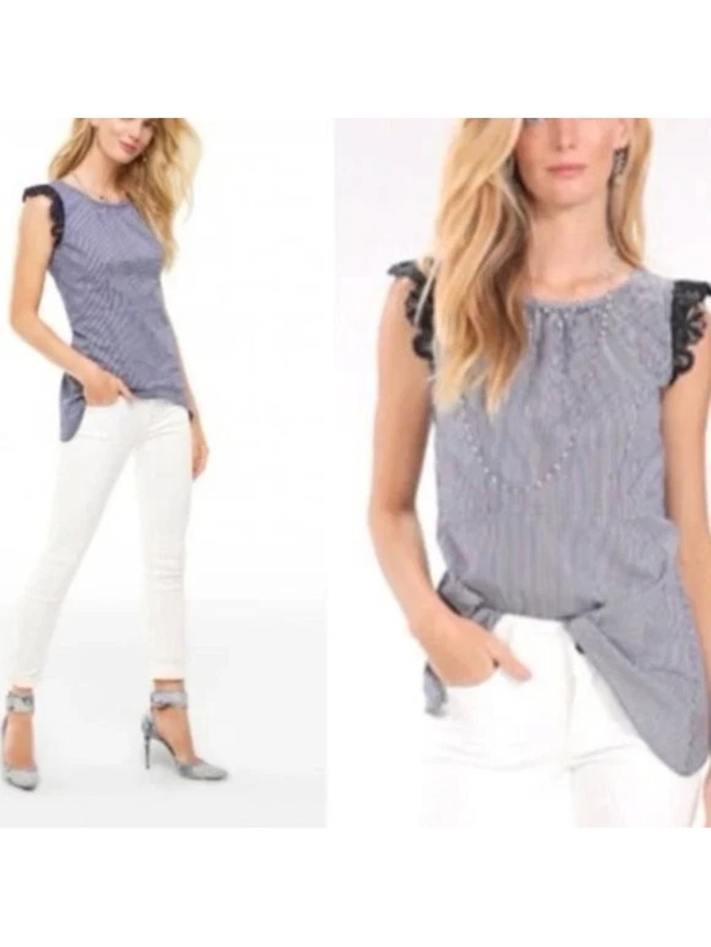 Cabi style 5727. Flutter Sleeveless Navy Stripe Top with Lace Trim